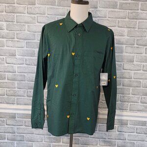 Disney Mens Button Up Green Dress Shirt Yellow Mickey Icon NEW XL Long Sleeve